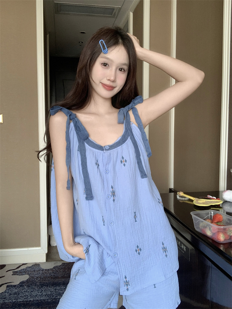 FA26209# 夏天蓝色棉纱吊带睡裙女款新款夏款可外穿 服裝批發女裝批發服飾貨源