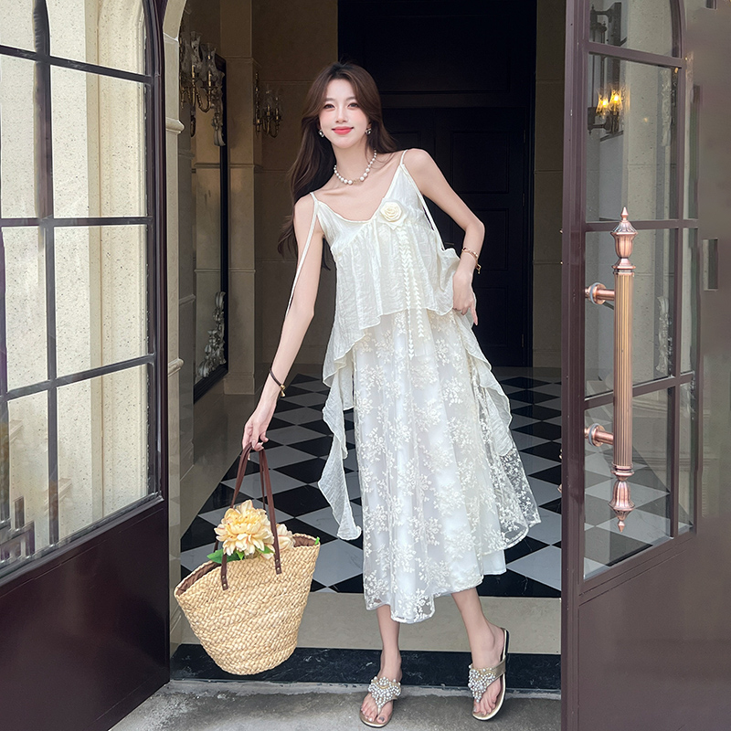 MY6084# 初恋白月光蕾丝拼接吊带连衣裙女时尚气质长裙女裝貨源服裝批發