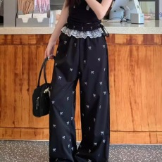 批发甜辣妹蕾丝边拼接休闲裤蝴蝶结裤子女夏季宽松松紧腰阔腿裤直筒裤