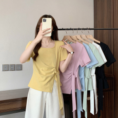 批发实拍2026夏装新款胖mm大码女法式圆领不规则绑带别致短袖T恤