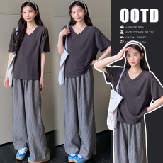 批发实拍 孕妇装夏季新款韩系v领T恤套装 条纹宽松<b class='q'>休闲</b>抽绳阔腿裤