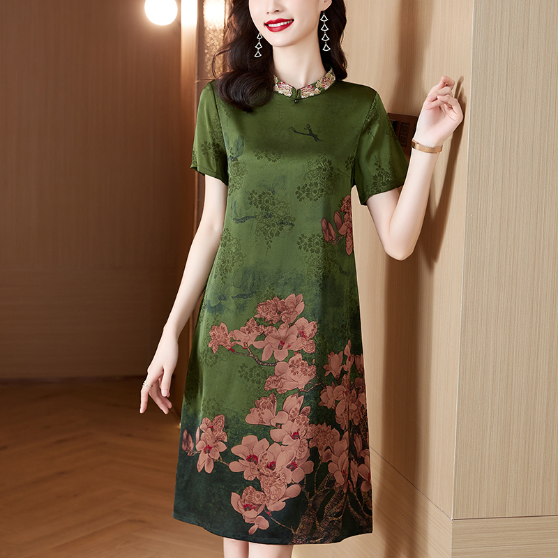 MY8629# 女装高贵桑蚕丝旗袍宽松显瘦胖夏季仿真丝连衣裙女裝貨源服裝批...