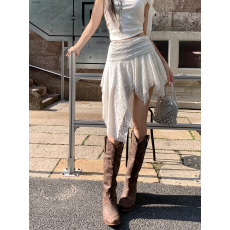 批发实拍~大码女装纯欲性感不规则蕾丝半身裙高腰显瘦飘带百搭a字短裙