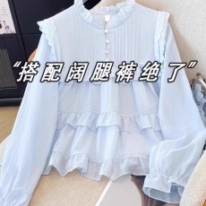 批发天蓝色<b class='q'>雪纺上衣</b>女秋装法式娃娃衫短款小衫多巴胺亮色泡泡<b class='q'>长袖</b>衬衫
