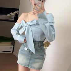 批发韩系辣妹露肩绑带衬衫女设计感气质显瘦<b class='q'>百搭</b>时尚斜领长袖别致上衣