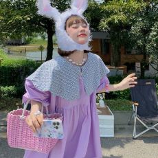 批发夏季韩版复古娃娃领撞色拼接<b class='q'>连衣裙</b>女宽松显瘦中长款百搭A字裙潮