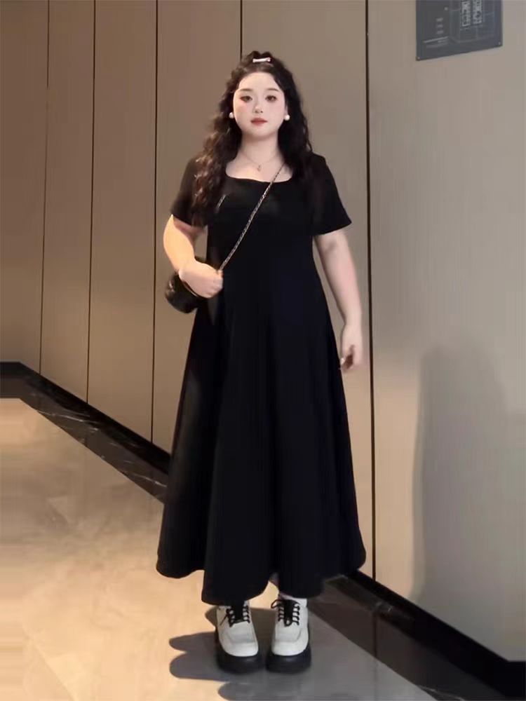 RY8569# 大码法式赫本风方领连衣裙女夏季胖mm梨型身材显瘦a字大摆长裙子
