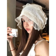 批发韩系蕾丝镂空包头帽女春<b class='q'>夏</b>季可爱百搭白色透气薄款大头围套头帽子