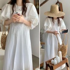 批发新款韩风少女镂空花边泡泡袖<b class='q'>连衣裙</b>女夏装新款法式中长款百褶裙子