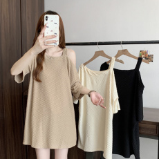 批发实拍 大码女装微胖 慵懒风松弛感宽松遮肉<b class='q'>中长款</b>露肩短袖<b class='q'>T</b><b class='q'>恤</b>