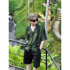 批发网图 绿茵球场夏威夷衬衫男短袖主题刺绣条纹衬衣夏季沙滩上衣