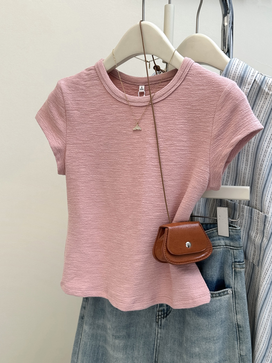 RY2042# 实拍肌理感正肩短袖女春夏季小个子韩版减龄打底上衣圆领短款T...