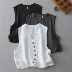 批发实拍   新款亚麻时尚轻薄洋气弧形纽扣V领西装马夹外套