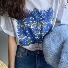 批发2026春夏新款 21支纯棉210克100%棉风铃蓝<b class='q'>花朵</b>圆领短袖tee