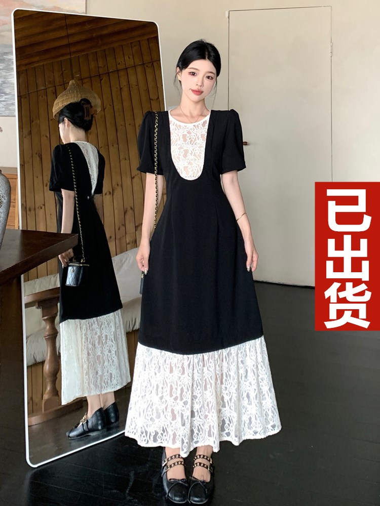 MY9681# 夏季新款胖mm高级感时尚假两件蕾丝拼接显瘦连衣裙长裙子女裝...