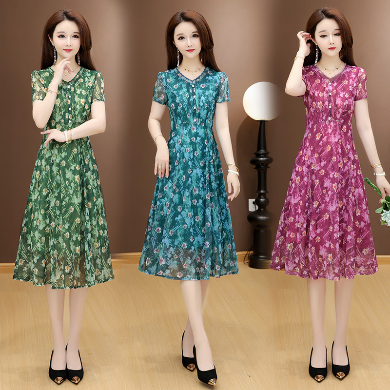 RY2439# 实拍 2026夏季新款大码连衣裙收腰显瘦妈妈裙短袖网纱中长...