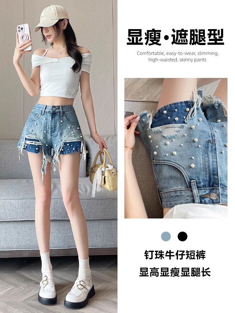 MY10880# 钉珠牛仔短裤女夏天薄款新款辣妹显瘦设计感宽松短裤子女裝貨...