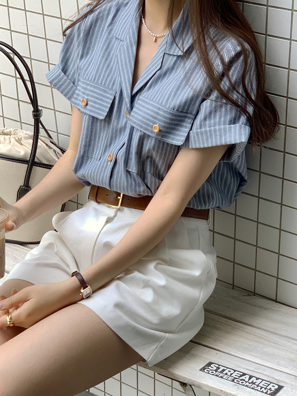 캐주얼 스트라이프 정장 칼라 반팔 셔츠 한국 chic 빛 요리 한 패션 다용도 싱글 줄 버튼 셔츠