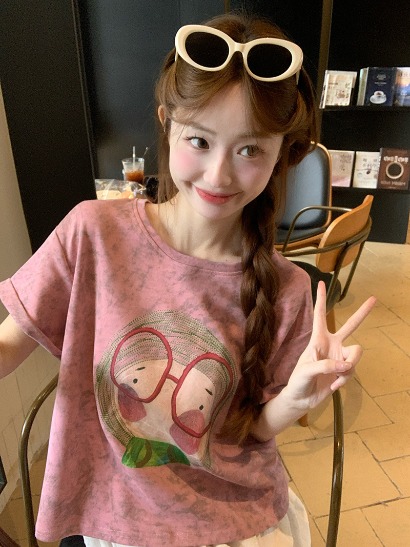 RY2873# 实拍！！短袖t恤女夏2026新款设计感潮卡通印花短款正肩圆领韩版
