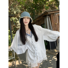 批发实拍法式层叠木耳边领格子衬衫女2025春夏小众设计感独特绝美<b class='q'>长袖</b>