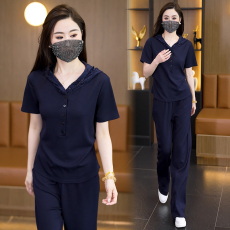 批发实拍大码女装2026夏季新款<b class='q'>休闲</b>舒适运动服套装短袖时尚连帽两件套