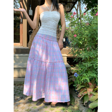 批发实拍实价~夏日韩系<b class='q'>百搭</b>粉色格子半身长裙百褶蛋糕裙