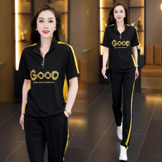 批发实拍2026夏季新款休闲百搭时尚减龄显瘦拼色立领上衣阔腿裤两件套