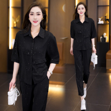 批发实拍休闲时尚套装2026夏季新款显瘦洋气宽松细闪衬衫阔腿裤两件套