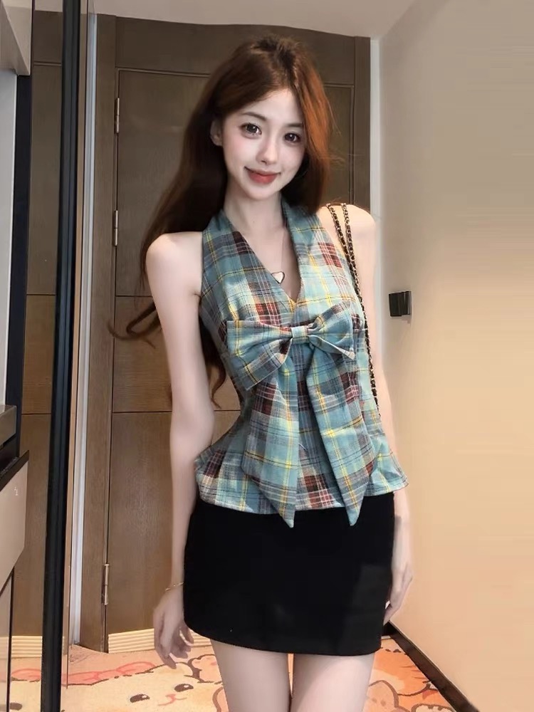 纯欲风性感蝴蝶结格子挂脖背心女夏季新款小众设计感露背上衣外穿 服裝批發女裝批發服飾貨源