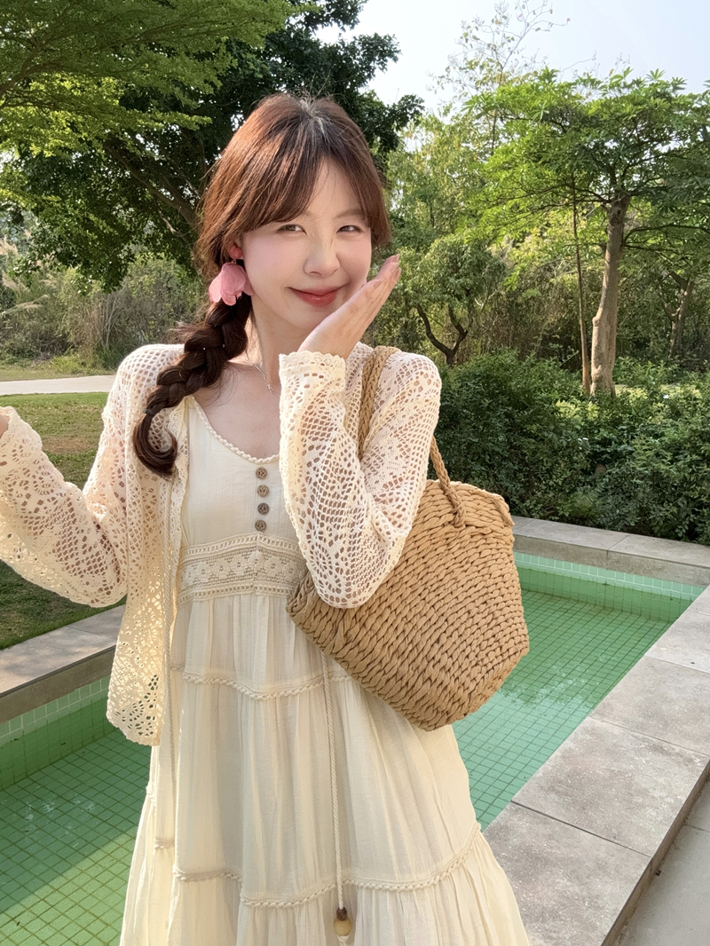 프랑스식 부드러운 바람 베이지 색 슬립 드레스 여성 품격 여신 팬 하이웨이스트 슈퍼 잘 생긴 레이스 오픈 가디건 세트 롱 스커트