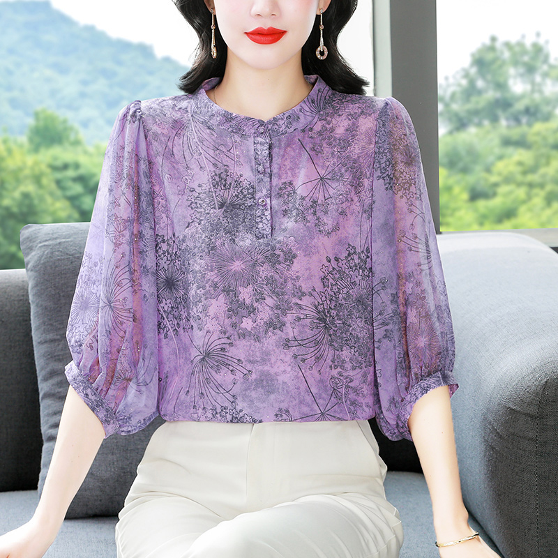 MY13703# 新款高端有亮点宽松显瘦印花紫气东来雪纺小衫女裝貨源服裝批發