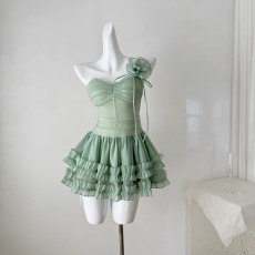批发ForFay 冰糖薄荷/<b class='q'>透明</b><b class='q'>肩带</b>抹胸收腰连衣裙女带胸垫花朵胸针蛋糕裙