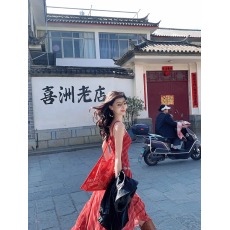 批发新款休闲气质收腰显瘦拼接红格子长款<b class='q'>吊带</b>连衣裙子<b class='q'>女</b>