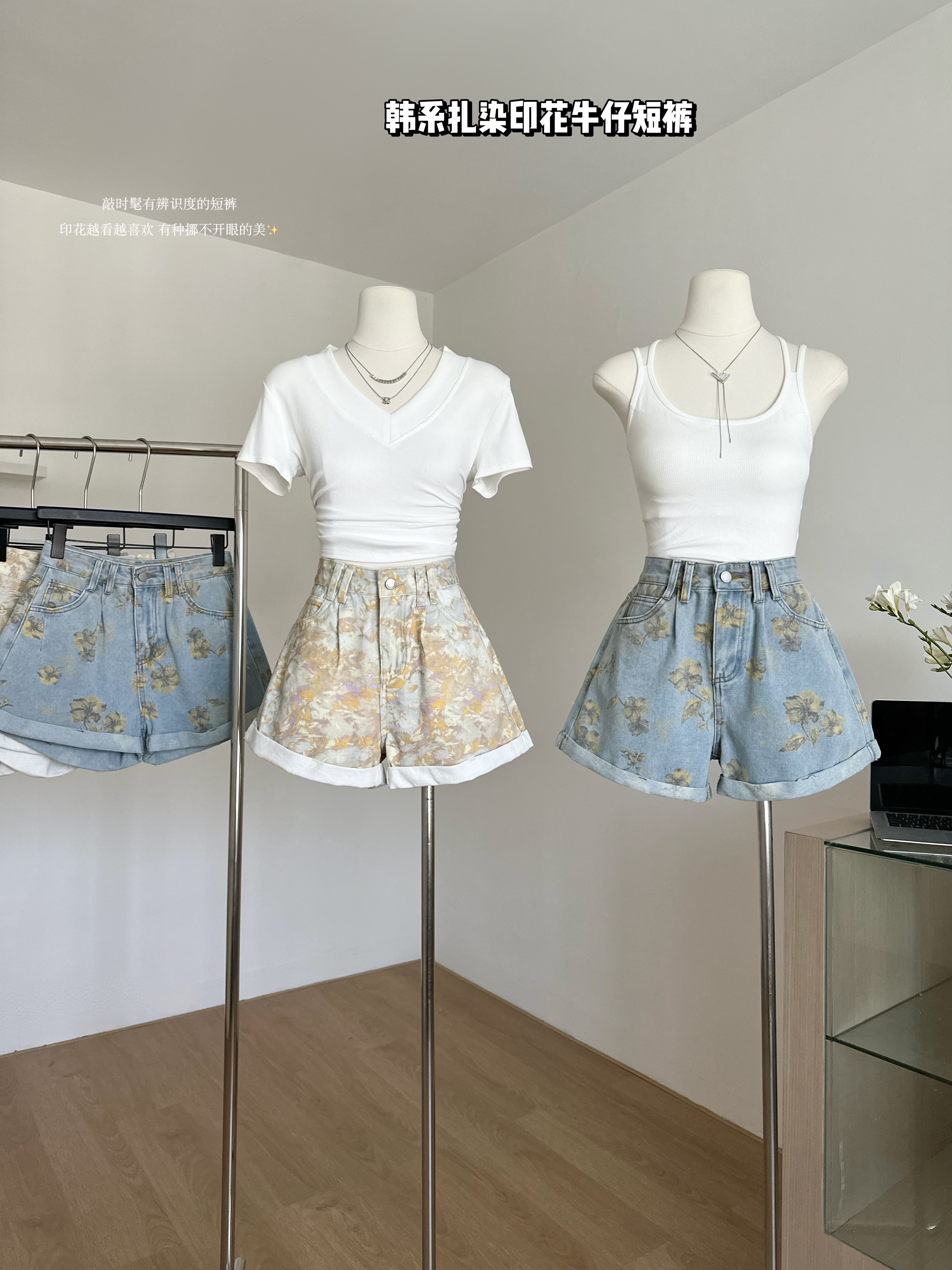 复古兰花印花高腰牛仔短裤女夏季...