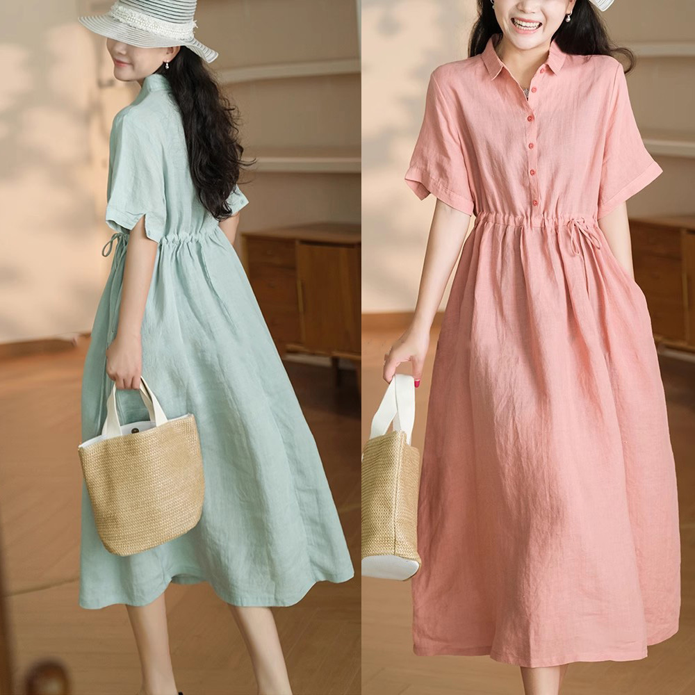RY2410# 亚麻短袖连衣裙2026夏季文艺范宽松显瘦中长裙时尚棉麻裙子