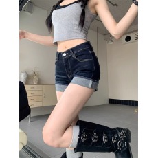 批发美式辣妹高腰性感超短裤热裤<b class='q'>牛仔裤</b><b class='q'>女</b>夏季深蓝色设计感卷边短裤子
