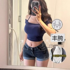 批发美式辣妹高腰性感超短裤热裤<b class='q'>牛仔裤</b><b class='q'>女</b>夏季深蓝色设计感卷边短裤子