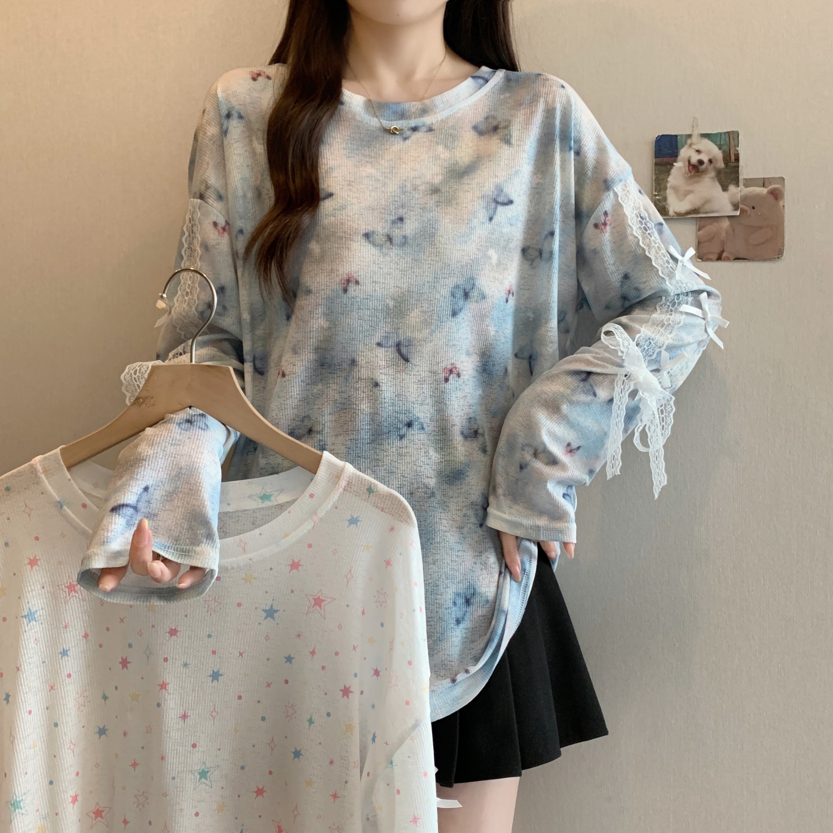 실사 빅 사이즈 여성 의류 여름 새로운 레이스 레이스업 나비 프린트 긴팔 티셔츠 루즈핏 얇은 스타일 자외선 차단 블라우스