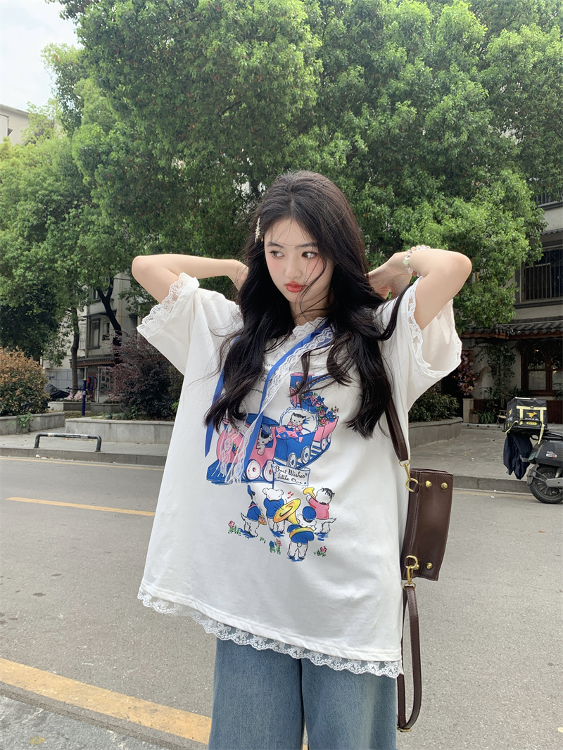 실사 빅 사이즈 한 부서 달콤함 연령 감소 재미있는 프린트 레이스 후드 레이스업 루즈핏 반팔 티셔츠