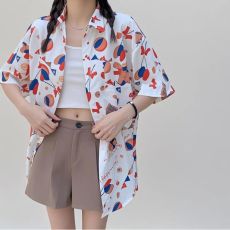 批发跨境爆款2025夏季新款印花短袖<b class='q'>衬衫</b>女复古宽松百搭显瘦<b class='q'>衬衣</b>外套