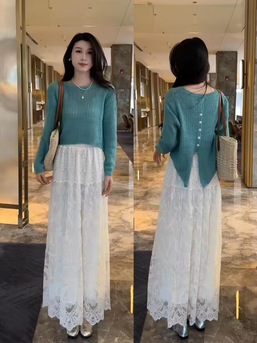 LN76237# 后背纽扣设计感亮丝长袖罩衫上衣蕾丝半身裙两件套女早春新款套装