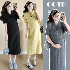 批发实拍针织麻花孕妇装新款POLO领休闲中长款孕妇连衣裙时尚哺乳裙子