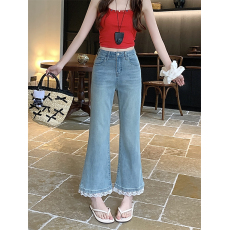 批发实拍蕾丝花边微喇牛仔裤<b class='q'>女</b>夏季新款直筒高腰显瘦大码九分喇叭裤子