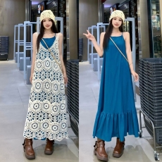 批发实拍现 2026新款<b class='q'>孕妇装</b> 夏装蓝色吊带裙镂空花边背心裙两件套