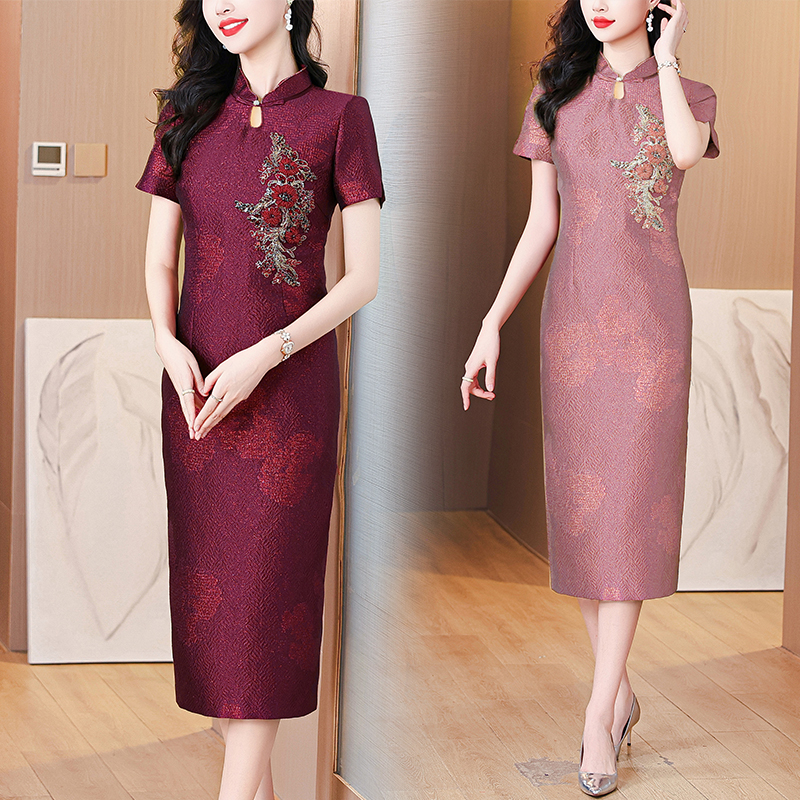 MY7641# 高端妈妈婚宴礼服年轻新款喜婆婆旗袍连衣裙显瘦女裝貨源服裝批...