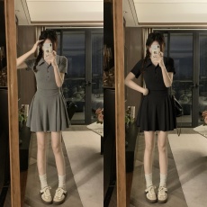 批发实拍复古休闲POLO领<b class='q'>连衣裙</b>高级感气质甜辣胖MM遮肚显瘦短裙