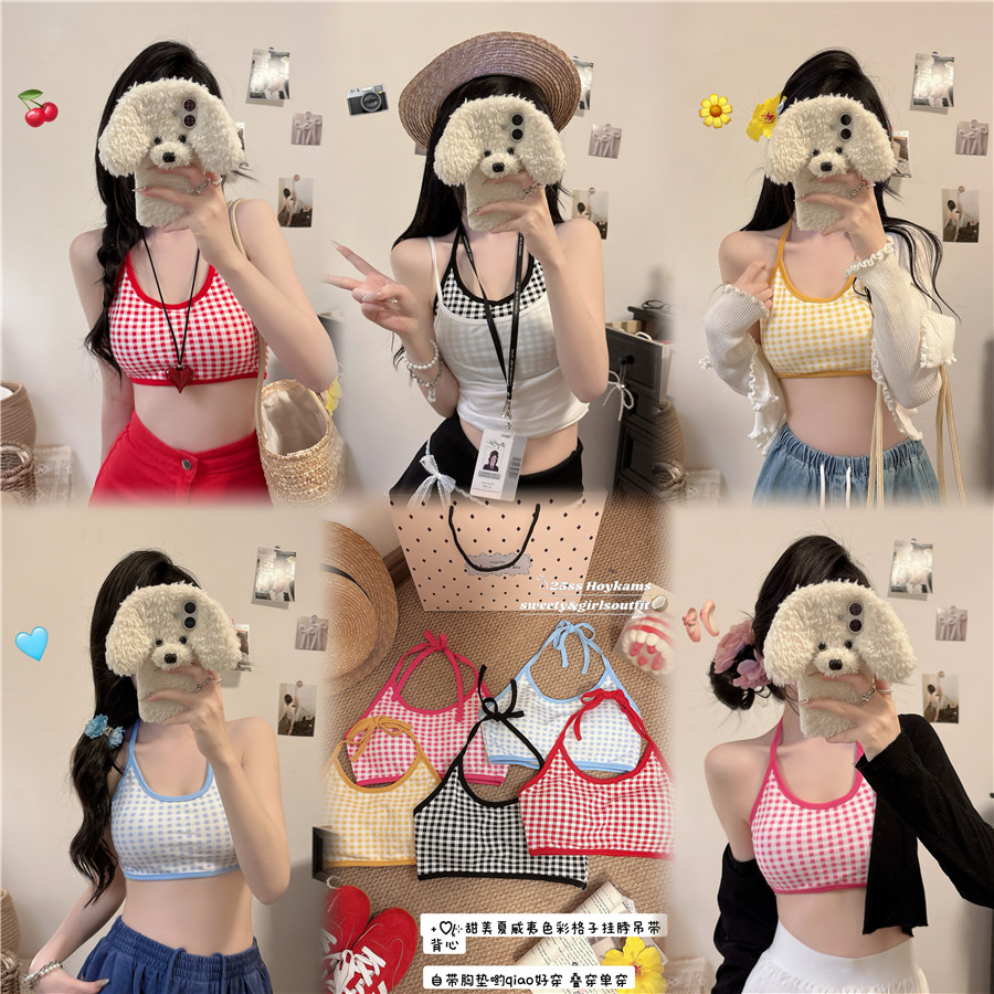 실사 감소되지 않음 핫걸 체크무늬 비키니 행침 목 튜브탑 여성 인사이드 가져 가라. 벨트 가슴 패드 쇼트 스타일 조끼
