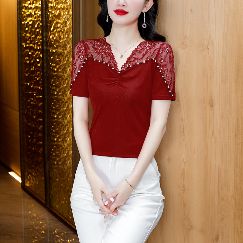 MY17403# 新款蕾丝水钻时尚短袖气质洋气高级感v领上衣女裝貨源服裝批...
