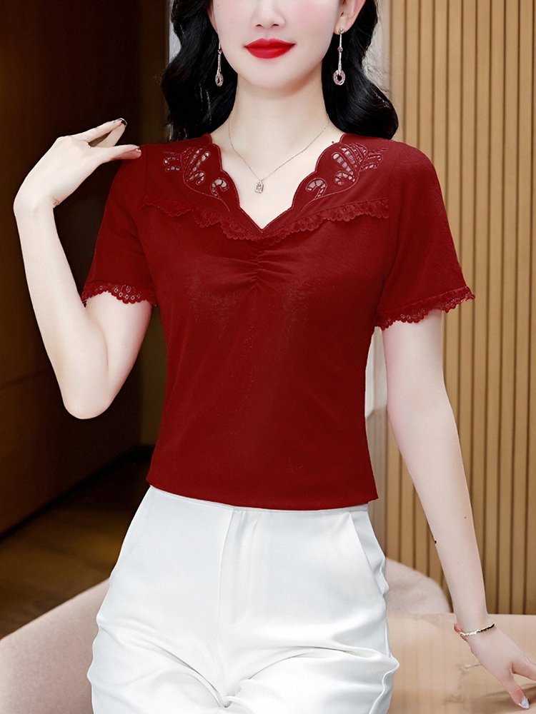 MY17401# 新款绣花镂空时尚短袖气质洋气高级感v领上衣女裝貨源服裝批...