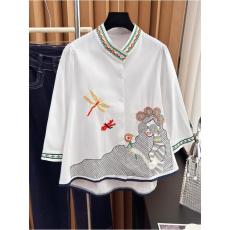 实拍 时尚衬衫女韩范百搭春秋夏新款绣花立领A字娃娃衫衬衫女